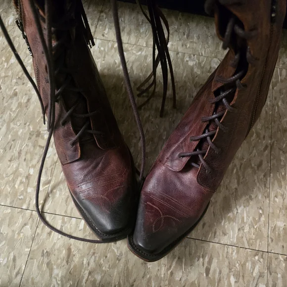 Red and Brown Lace Up Boots with Distressed Leather - Picture 4 of 8